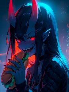 Preview wallpaper girl, demon, horns, sandwich, anime, art