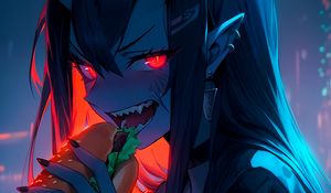 Preview wallpaper girl, demon, horns, sandwich, anime, art