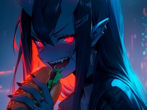 Preview wallpaper girl, demon, horns, sandwich, anime, art