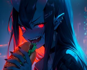 Preview wallpaper girl, demon, horns, sandwich, anime, art