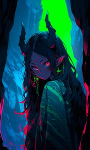 Preview wallpaper girl, demon, horns, cave, anime