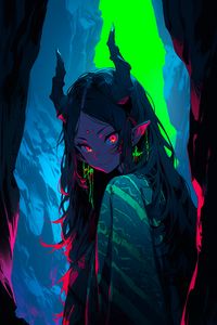 Preview wallpaper girl, demon, horns, cave, anime