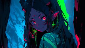Preview wallpaper girl, demon, horns, cave, anime