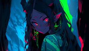 Preview wallpaper girl, demon, horns, cave, anime