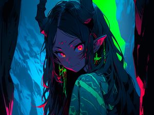 Preview wallpaper girl, demon, horns, cave, anime