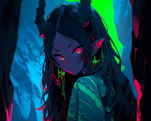 Preview wallpaper girl, demon, horns, cave, anime