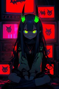 Preview wallpaper girl, demon, horns, bright, anime, art