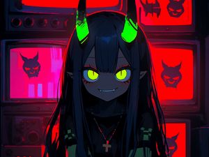 Preview wallpaper girl, demon, horns, bright, anime, art