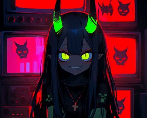 Preview wallpaper girl, demon, horns, bright, anime, art