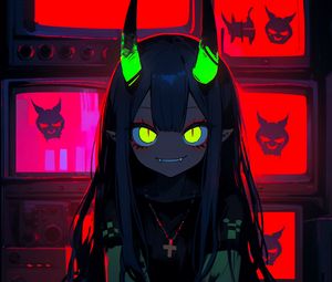 Preview wallpaper girl, demon, horns, bright, anime, art