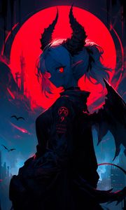 Preview wallpaper girl, demon, horns, wings, ears, moon, anime