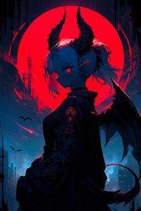 Preview wallpaper girl, demon, horns, wings, ears, moon, anime