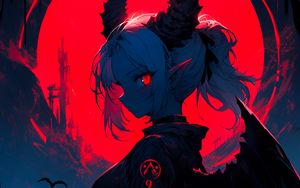 Preview wallpaper girl, demon, horns, wings, ears, moon, anime