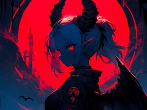 Preview wallpaper girl, demon, horns, wings, ears, moon, anime