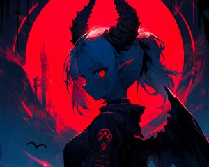 Preview wallpaper girl, demon, horns, wings, ears, moon, anime