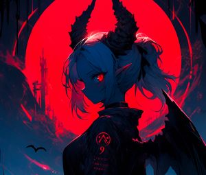 Preview wallpaper girl, demon, horns, wings, ears, moon, anime