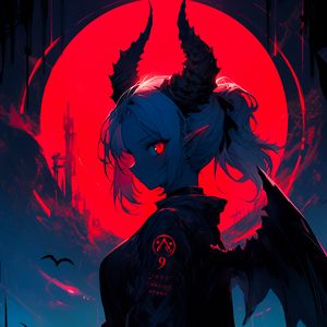 Preview wallpaper girl, demon, horns, wings, ears, moon, anime