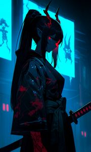 Preview wallpaper girl, demon, horns, kimono, dark, art