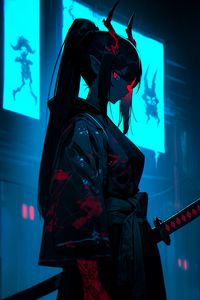 Preview wallpaper girl, demon, horns, kimono, dark, art