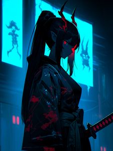 Preview wallpaper girl, demon, horns, kimono, dark, art