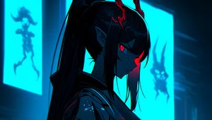 Preview wallpaper girl, demon, horns, kimono, dark, art