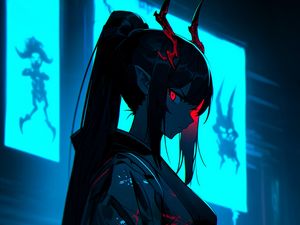 Preview wallpaper girl, demon, horns, kimono, dark, art