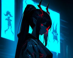Preview wallpaper girl, demon, horns, kimono, dark, art