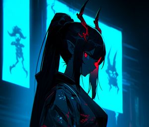 Preview wallpaper girl, demon, horns, kimono, dark, art