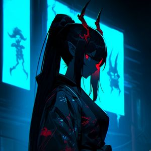 Preview wallpaper girl, demon, horns, kimono, dark, art