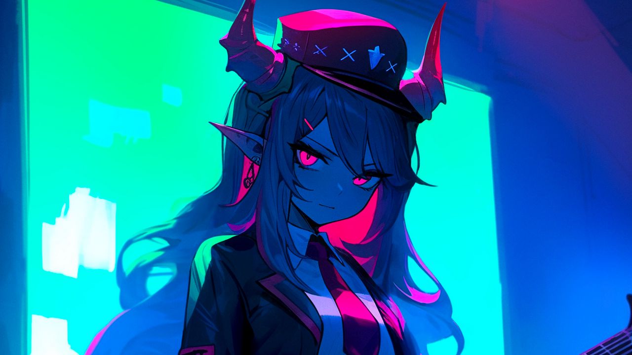 Wallpaper girl, demon, horns, guitar, anime, art