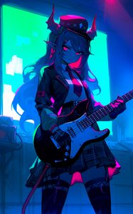 Preview wallpaper girl, demon, horns, guitar, anime, art