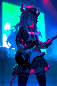 Preview wallpaper girl, demon, horns, guitar, anime, art