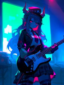 Preview wallpaper girl, demon, horns, guitar, anime, art