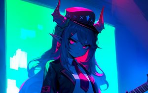 Preview wallpaper girl, demon, horns, guitar, anime, art