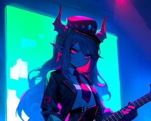 Preview wallpaper girl, demon, horns, guitar, anime, art