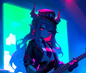 Preview wallpaper girl, demon, horns, guitar, anime, art