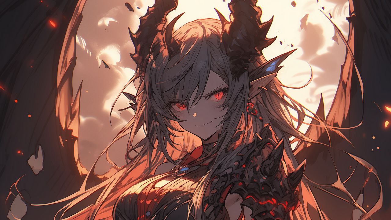Wallpaper girl, demon, horns, armor, art, anime