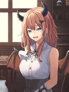 Preview wallpaper girl, demon, horns, wings, anime