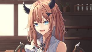 Preview wallpaper girl, demon, horns, wings, anime