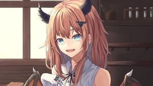 Preview wallpaper girl, demon, horns, wings, anime