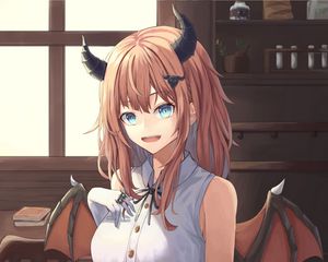 Preview wallpaper girl, demon, horns, wings, anime