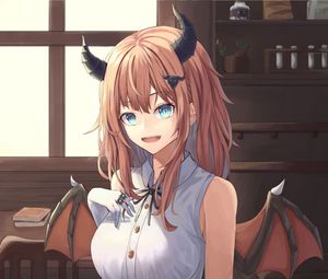 Preview wallpaper girl, demon, horns, wings, anime