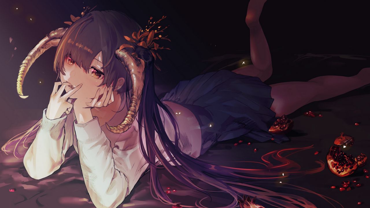 Wallpaper girl, demon, horns, pomegranates, anime, art hd, picture, image