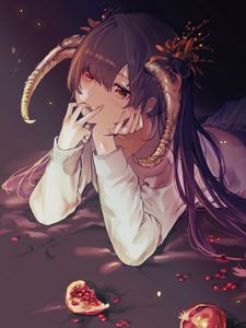 Preview wallpaper girl, demon, horns, pomegranates, anime, art