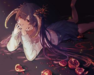 Preview wallpaper girl, demon, horns, pomegranates, anime, art