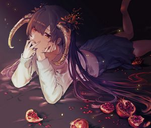 Preview wallpaper girl, demon, horns, pomegranates, anime, art