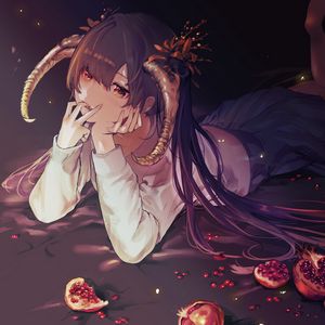 Preview wallpaper girl, demon, horns, pomegranates, anime, art