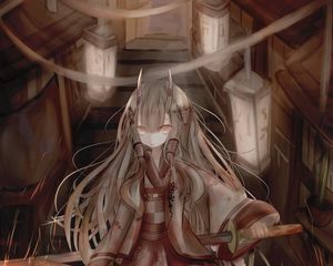 Preview wallpaper girl, demon, horns, kimono, anime, art