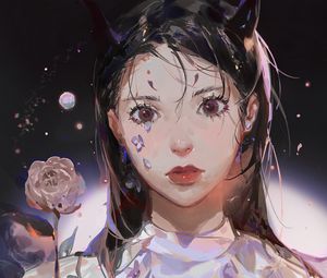 Preview wallpaper girl, demon, horns, glance, anime, art