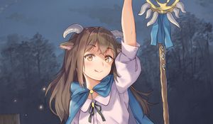 Preview wallpaper girl, demon, horns, staff, anime, art